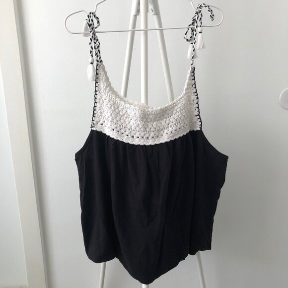 LUCKY BRAND BOHO CROCHET SWING TANK BLACK & WHITE TASSEL TIES SIZE XL NWOT - Picture 3 of 8